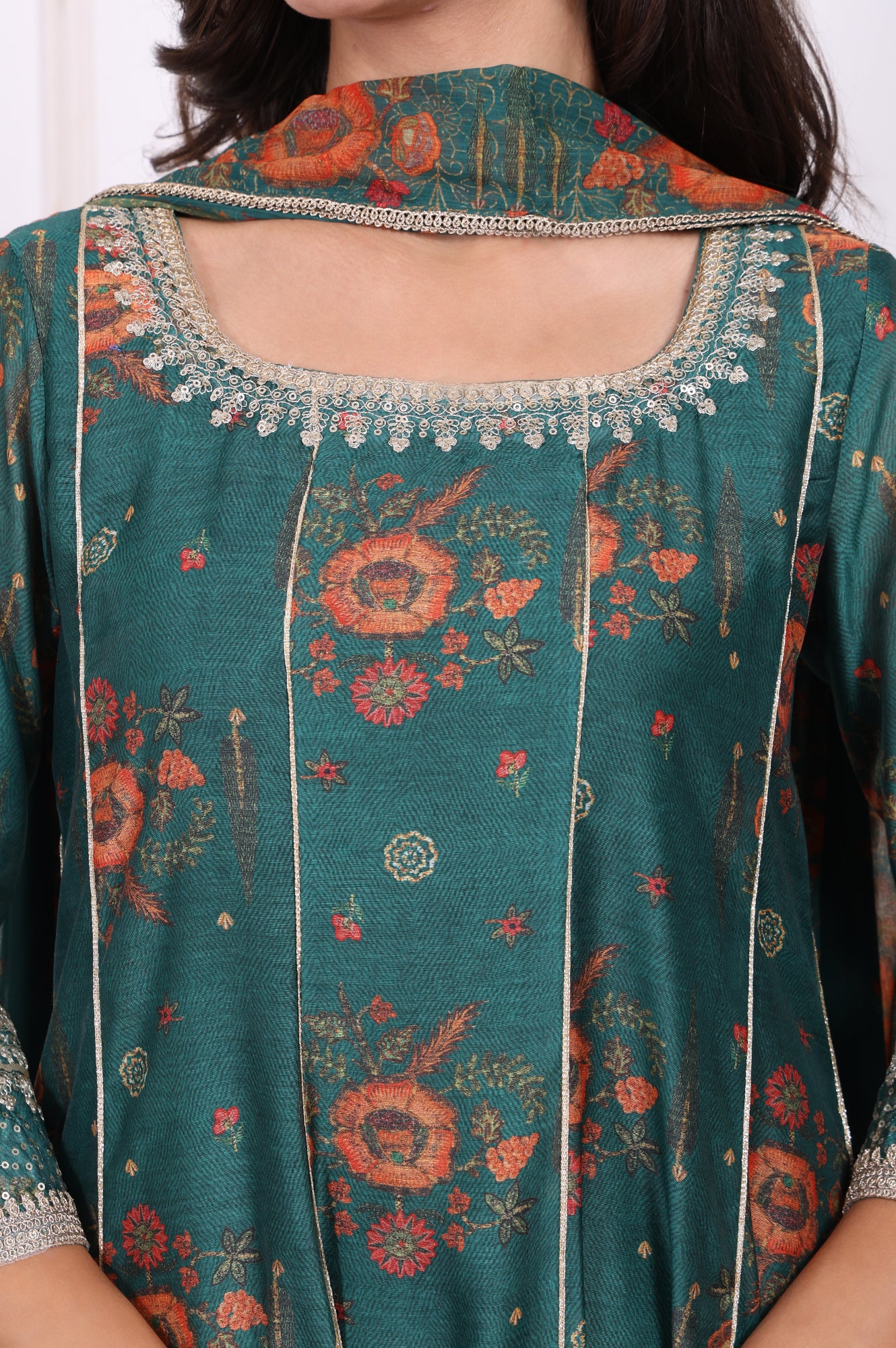 Green Floral Printed Sequined Flared Kurta, Straight Pants and Dupatta Set