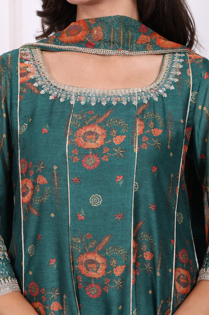 Green Floral Printed Sequined Flared Kurta, Straight Pants and Dupatta Set