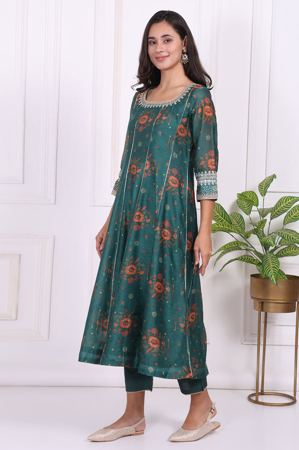 Green Floral Printed Sequined Flared Kurta, Straight Pants and Dupatta Set