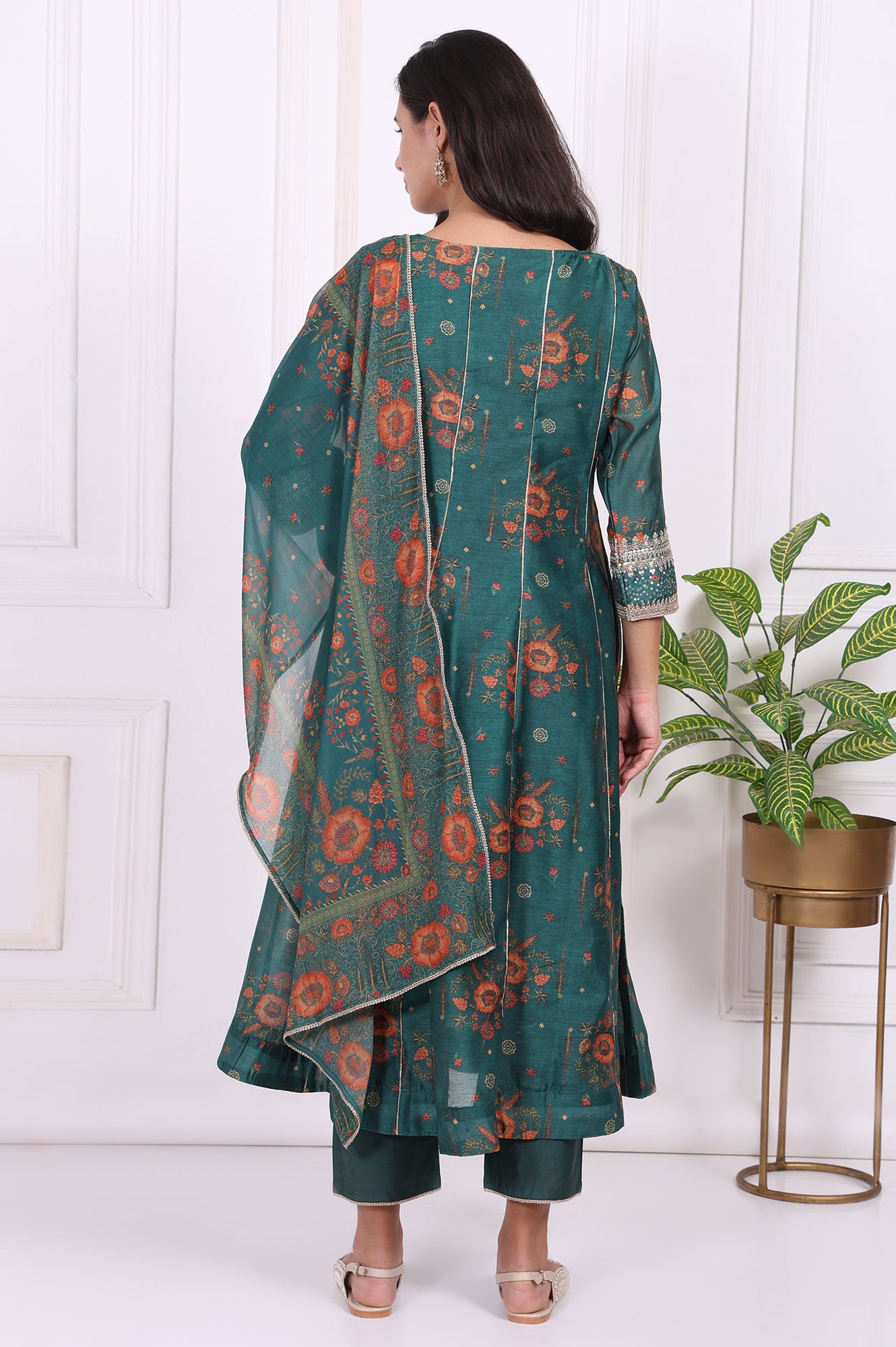 Green Floral Printed Sequined Flared Kurta, Straight Pants and Dupatta Set