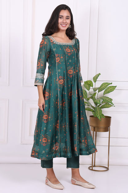 Green Floral Printed Sequined Flared Kurta, Straight Pants and Dupatta Set