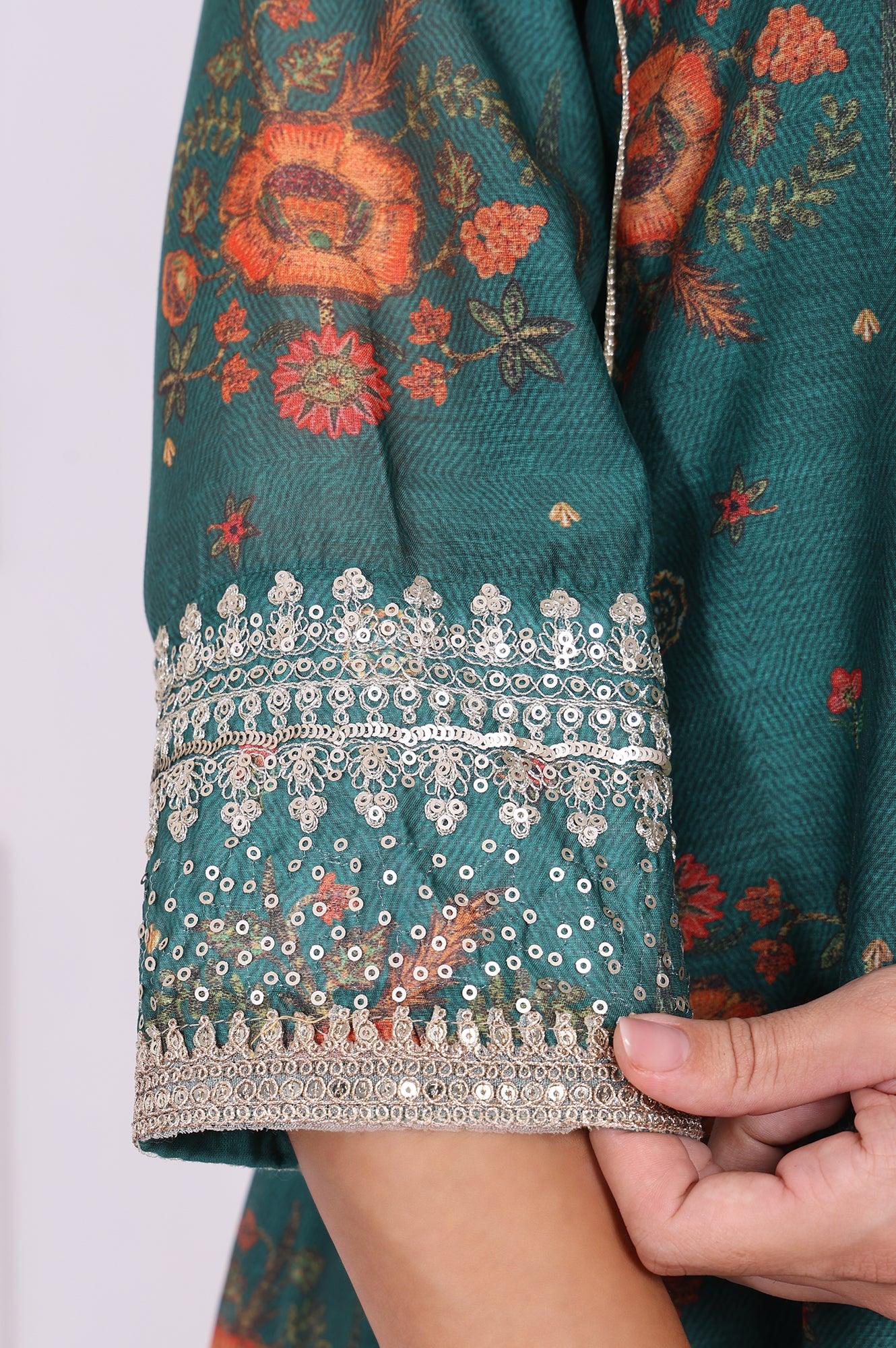 Green Floral Printed Sequined Flared Kurta, Straight Pants and Dupatta Set