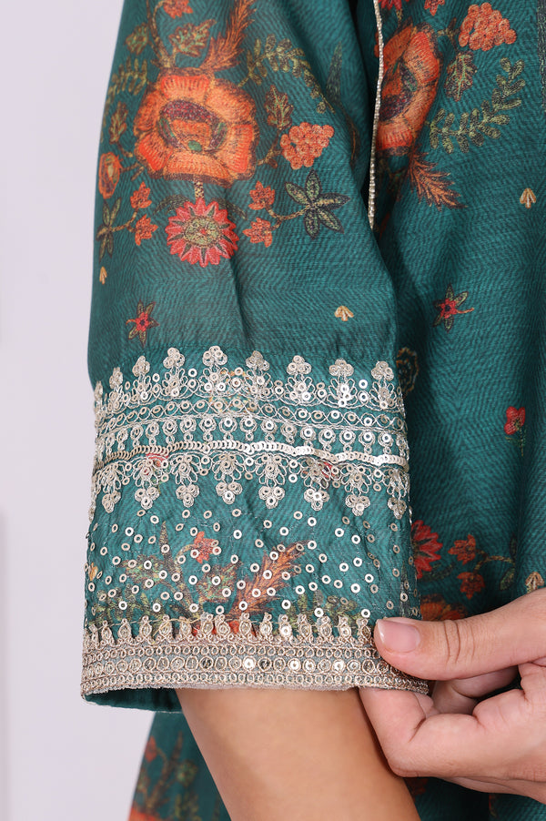 Green Floral Printed Sequined Flared Kurta, Straight Pants and Dupatta Set