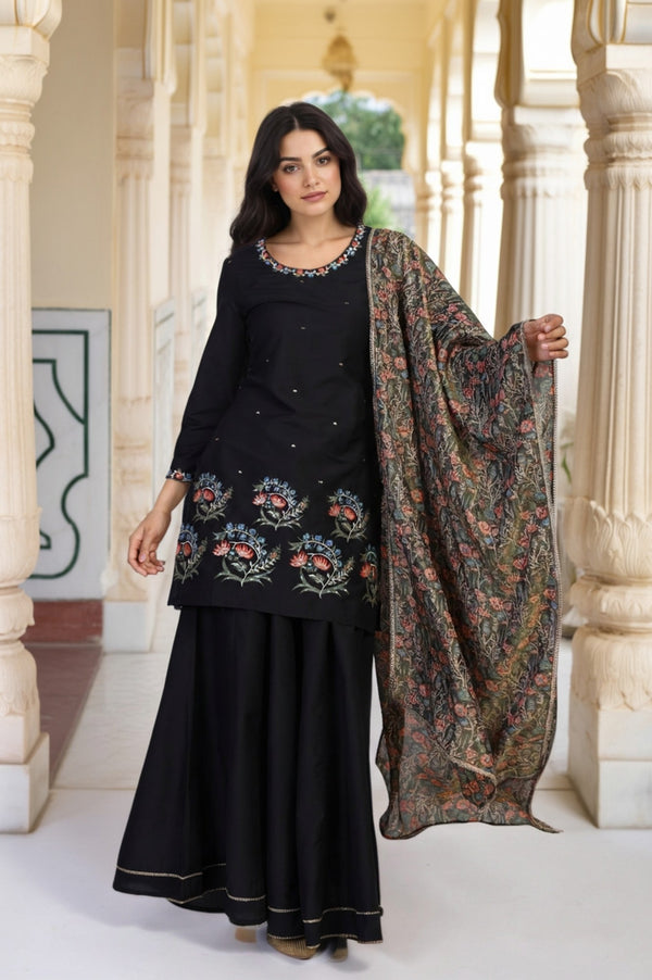 Black Floral Thread Embroidery Straight Woven Kurta with Flared Pant and Dupatta Set