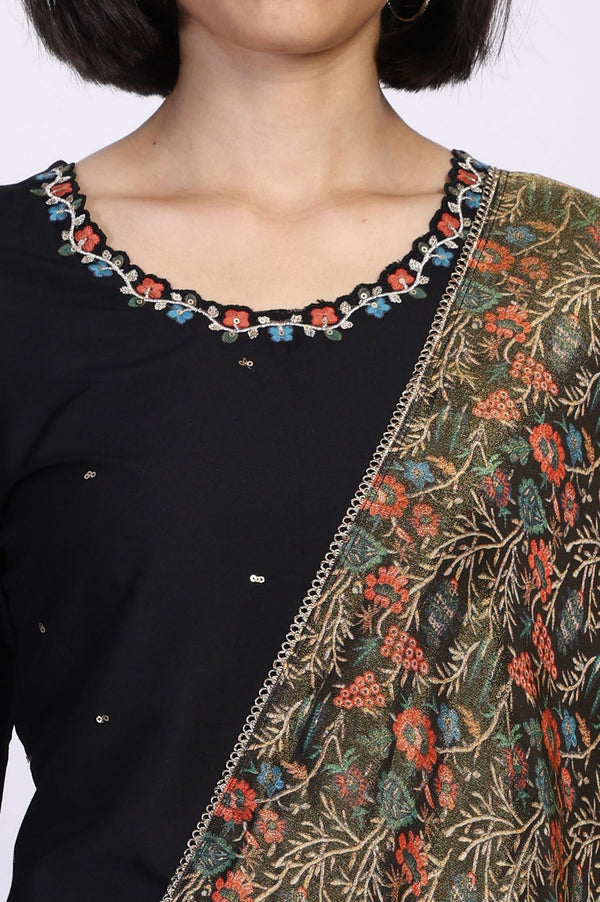 Black Floral Thread Embroidery Straight Woven Kurta with Flared Pant and Dupatta Set