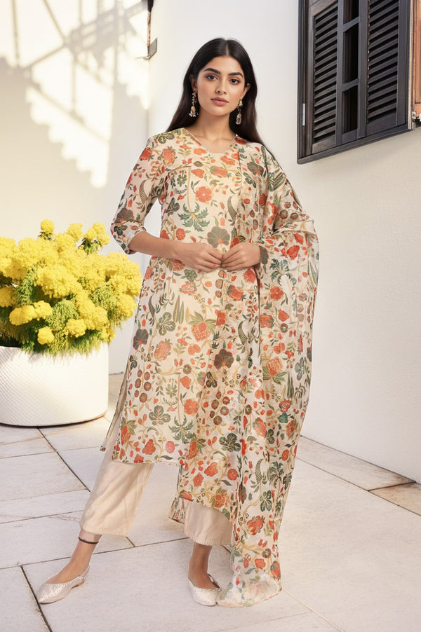 Off-White Floral Printed Straight Tissue Kurta with Straight Pant and Dupatta Set