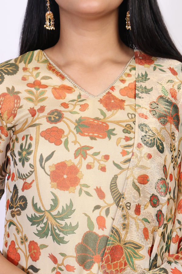 Off-White Floral Printed Straight Tissue Kurta with Straight Pant and Dupatta Set