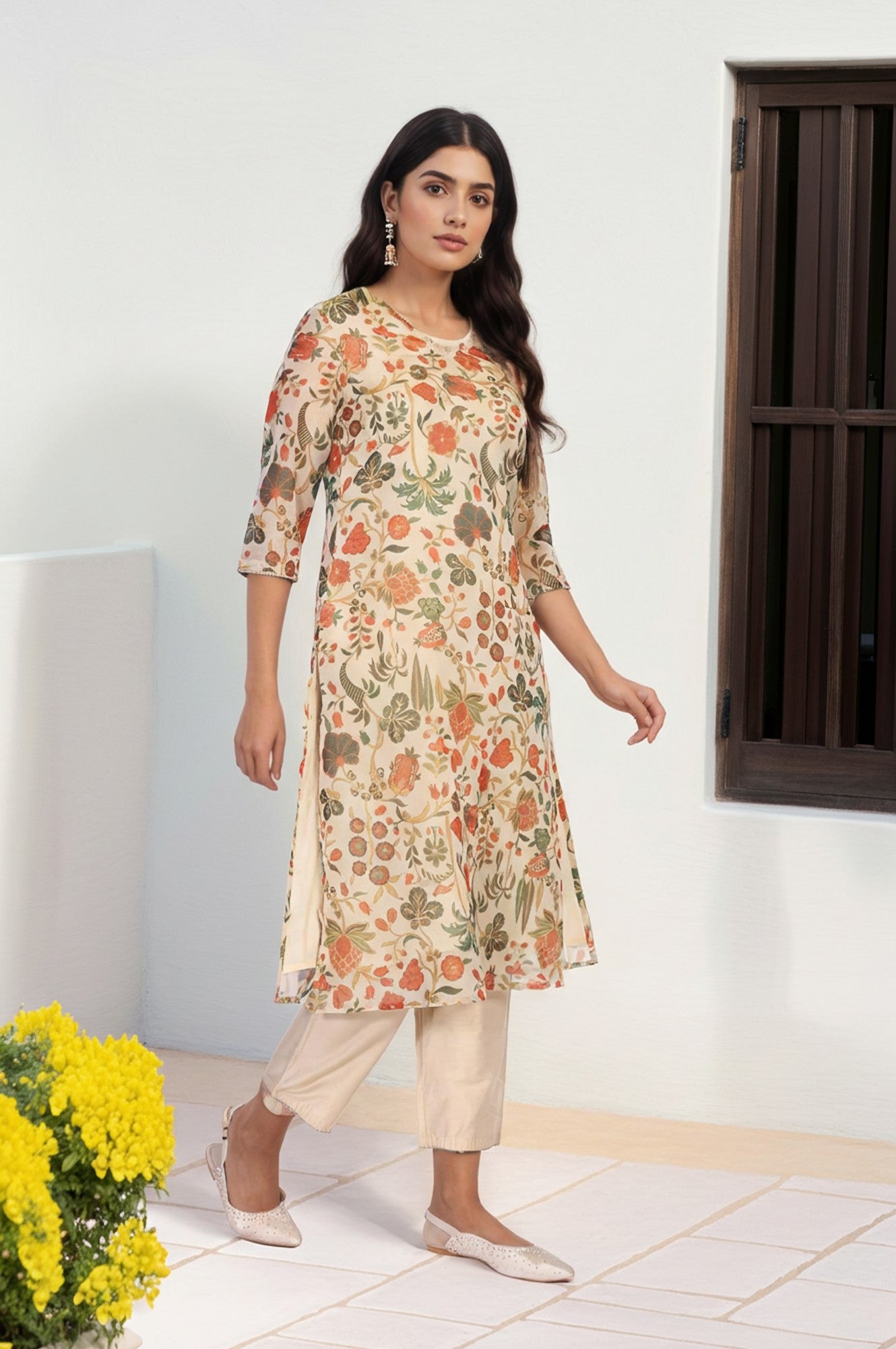 Off-White Floral Printed Straight Tissue Kurta with Straight Pant and Dupatta Set