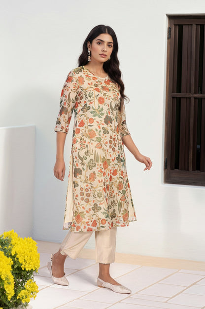 Off-White Floral Printed Straight Tissue Kurta with Straight Pant and Dupatta Set