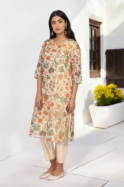 Off-White Floral Printed Straight Tissue Kurta with Straight Pant and Dupatta Set