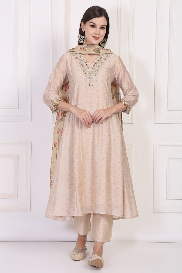 Beige Embroidered A-Line Chanderi Kurta with Straight Pant and Dupatta Set