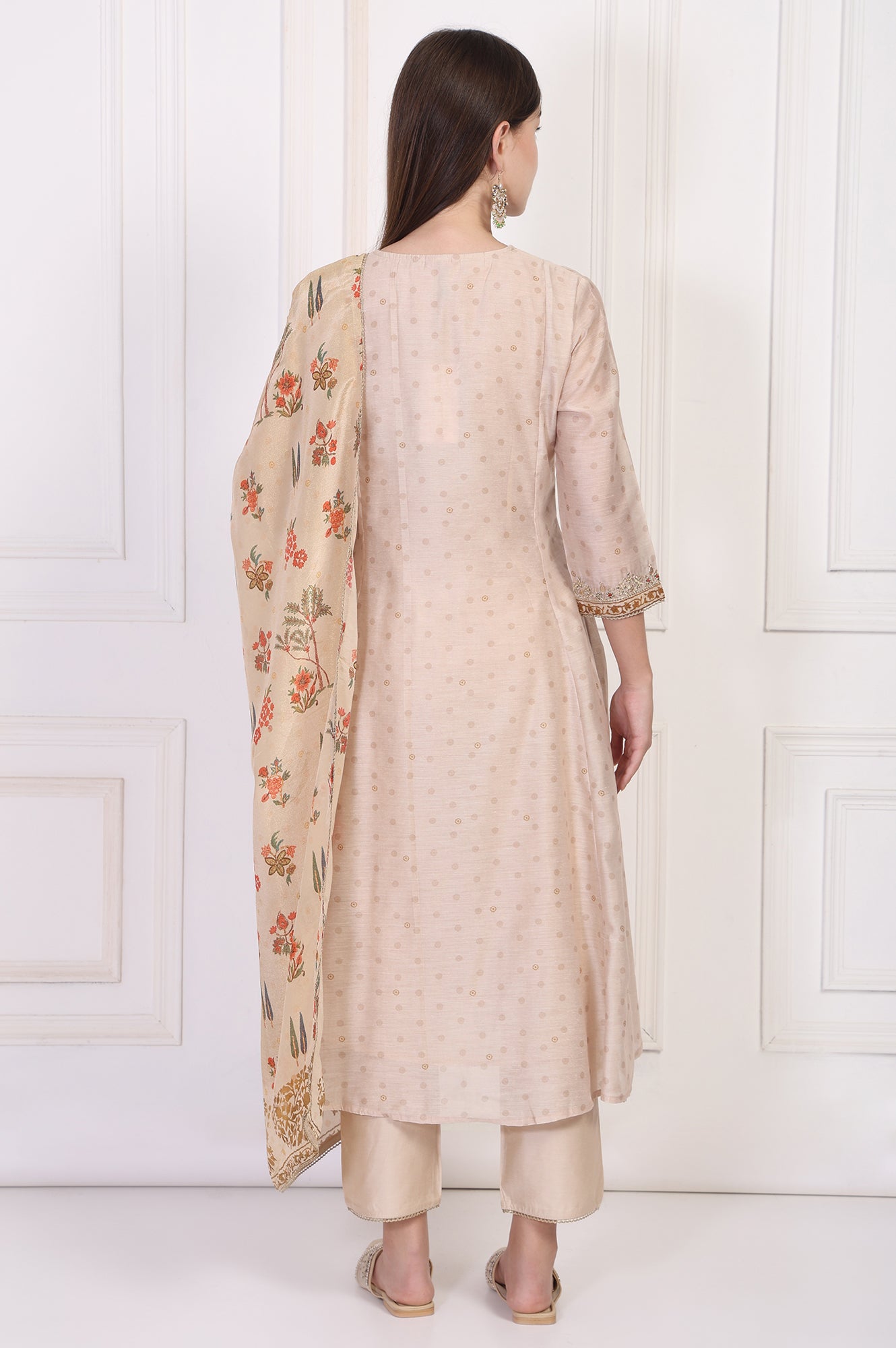 Beige Embroidered A-Line Chanderi Kurta with Straight Pant and Dupatta Set