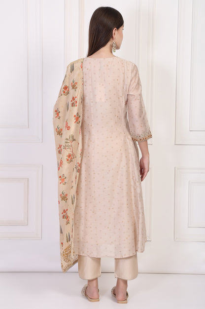 Beige Embroidered A-Line Chanderi Kurta with Straight Pant and Dupatta Set