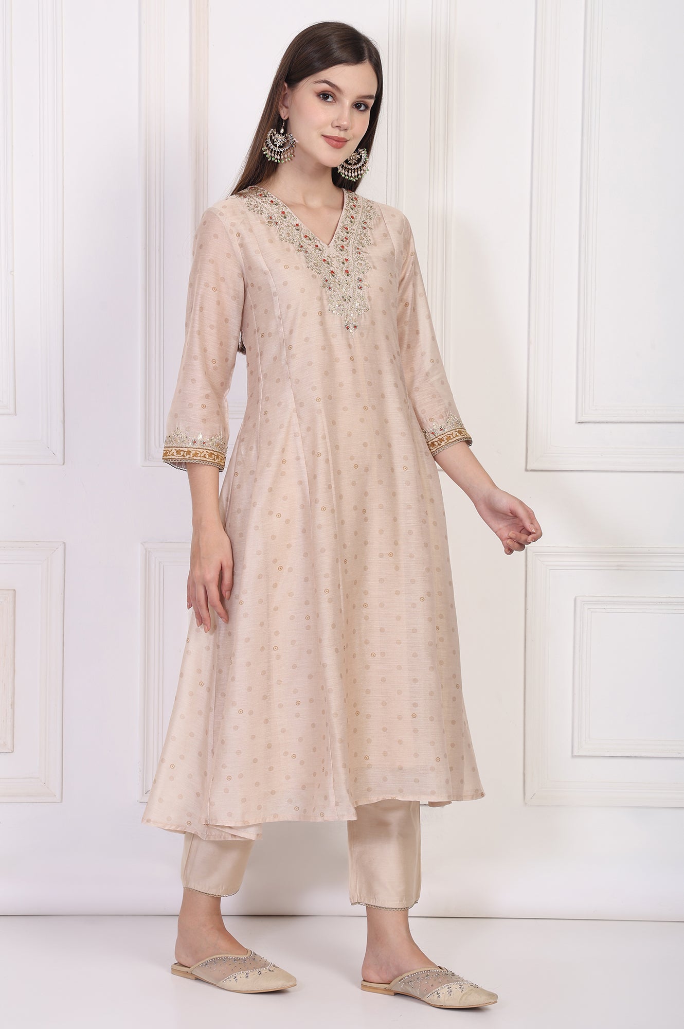 Beige Embroidered A-Line Chanderi Kurta with Straight Pant and Dupatta Set