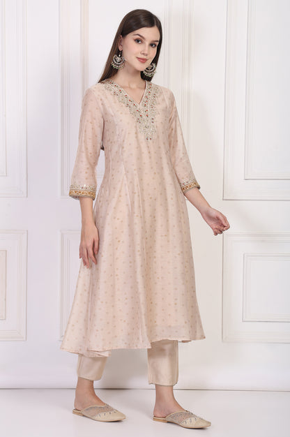 Beige Embroidered A-Line Chanderi Kurta with Straight Pant and Dupatta Set
