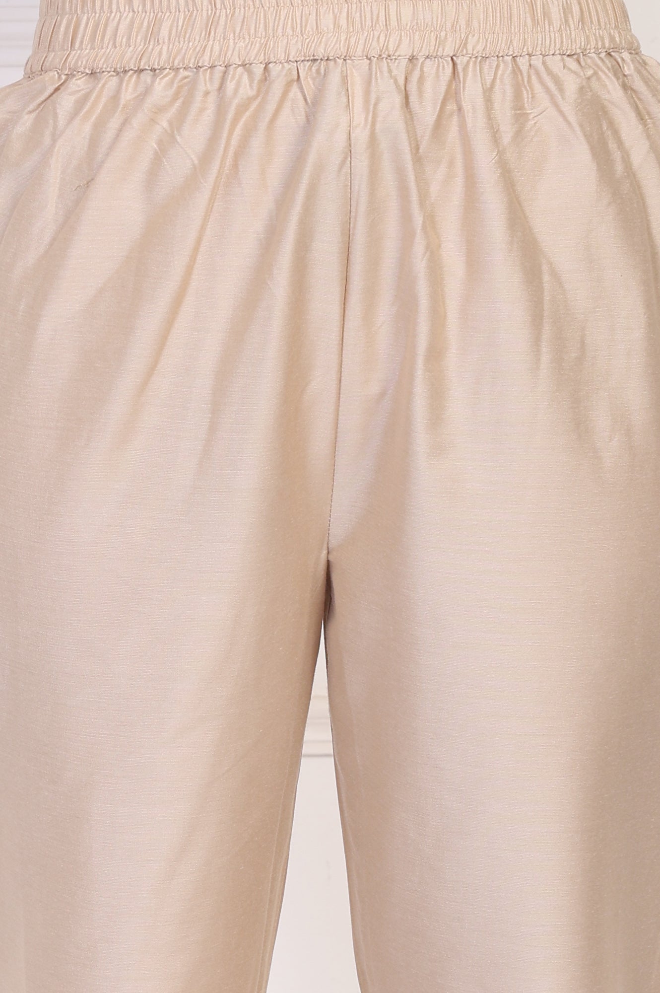 Beige Embroidered A-Line Chanderi Kurta with Straight Pant and Dupatta Set