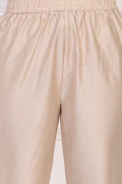 Beige Embroidered A-Line Chanderi Kurta with Straight Pant and Dupatta Set