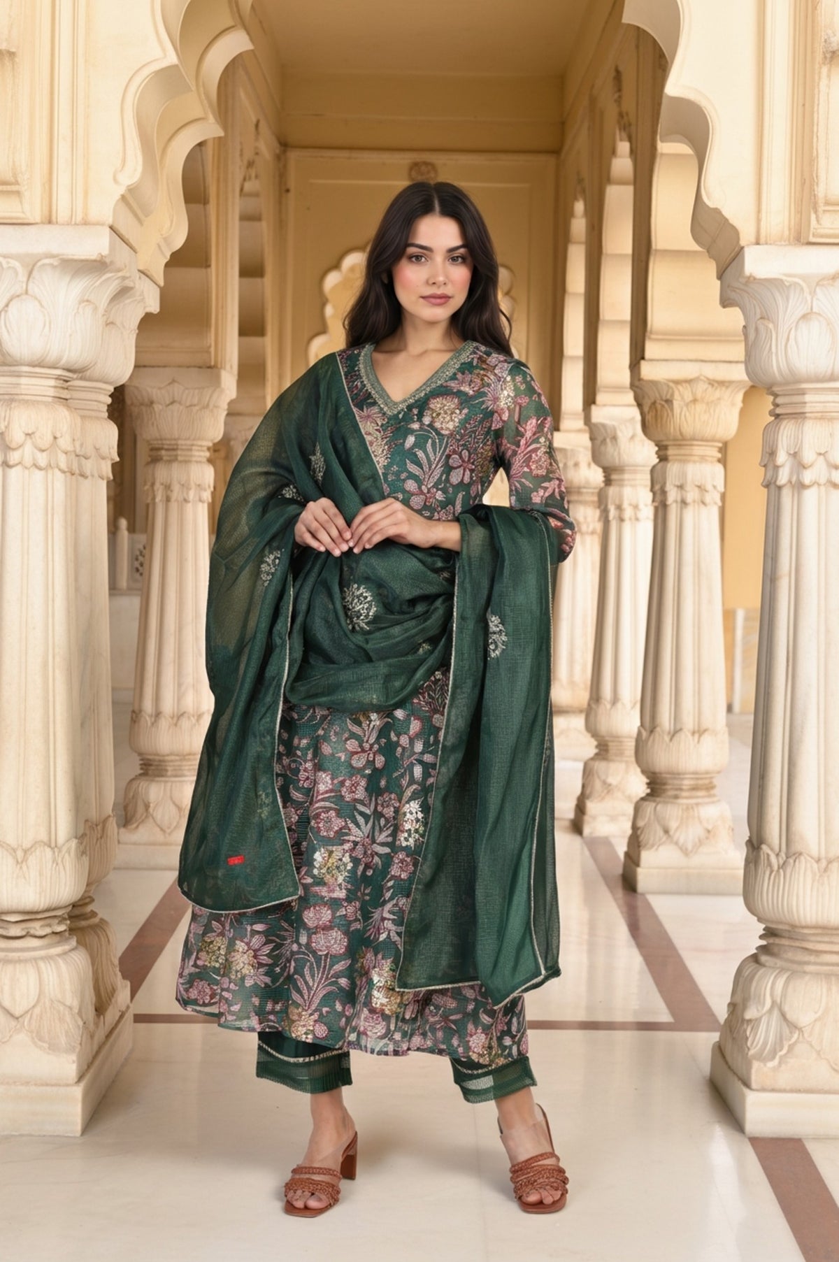 Green Floral Print Metallic Embroidered Flared Kota Doria Kurta with Pant and Dupatta Set - XS