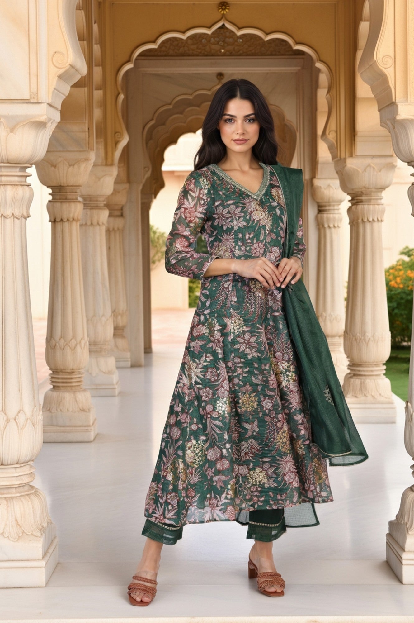 Green Floral Print Metallic Embroidered Flared Kota Doria Kurta with Pant and Dupatta Set