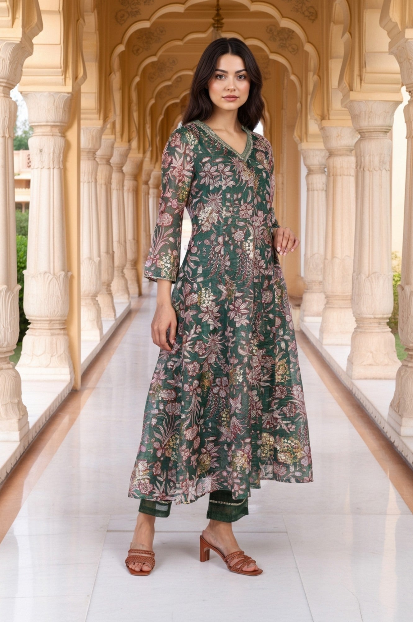Green Floral Print Metallic Embroidered Flared Kota Doria Kurta with Pant and Dupatta Set