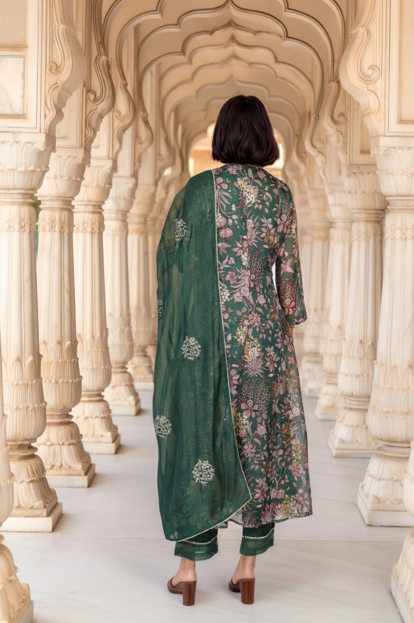 Green Floral Print Metallic Embroidered Flared Kota Doria Kurta with Pant and Dupatta Set