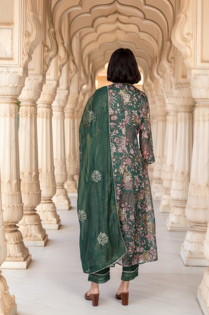 Green Floral Print Metallic Embroidered Flared Kota Doria Kurta with Pant and Dupatta Set