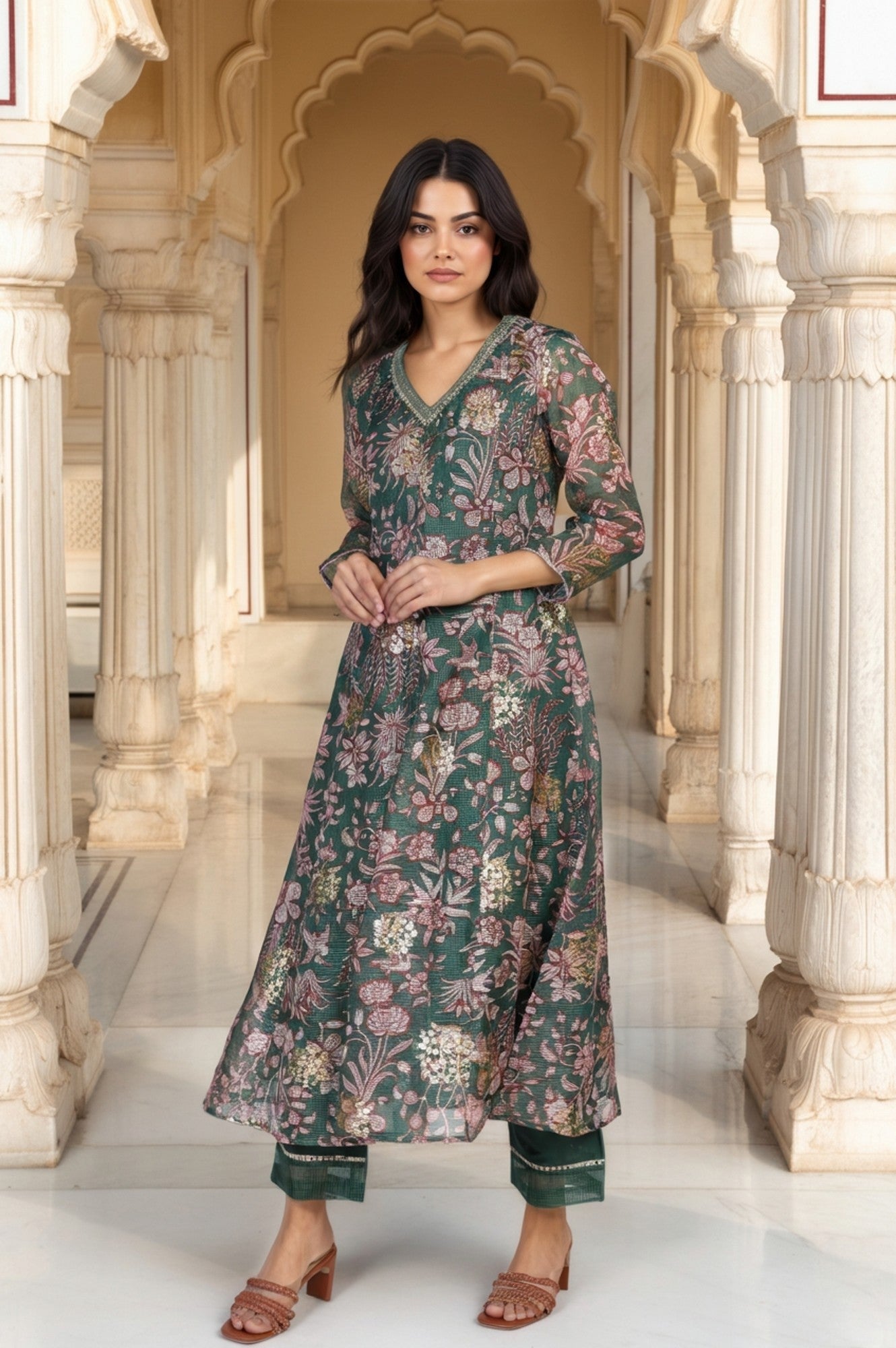 Green Floral Print Metallic Embroidered Flared Kota Doria Kurta with Pant and Dupatta Set