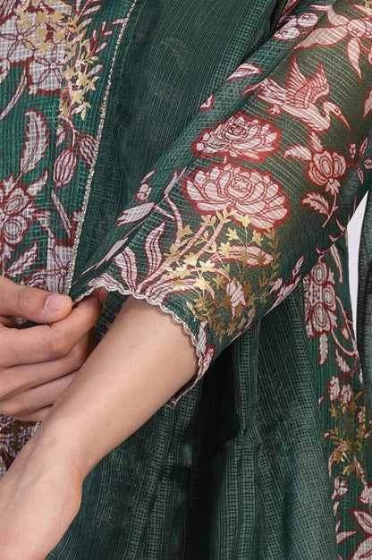 Green Floral Print Metallic Embroidered Flared Kota Doria Kurta with Pant and Dupatta Set