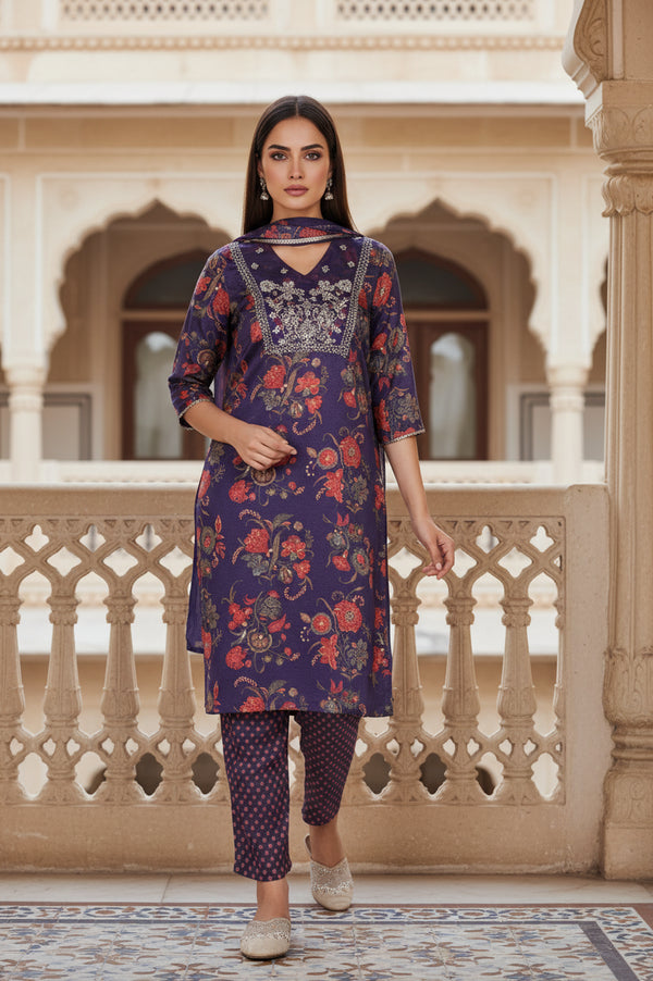 Purple Floral Printed Embroidered Straight Satin Kurta with Straight Pant and Dupatta Set