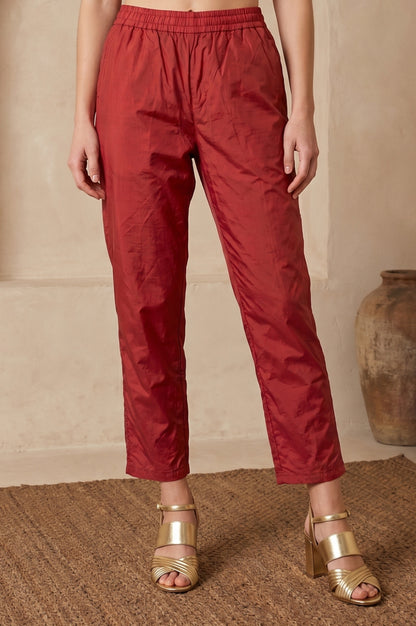 Maroon Solid Zari Chanderi Straight Fit Ankle Length Pants