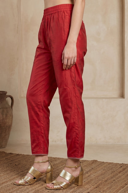 Maroon Solid Zari Chanderi Straight Fit Ankle Length Pants