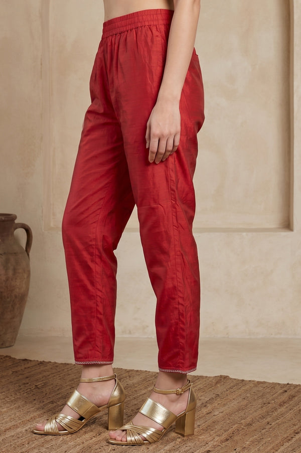 Maroon Solid Zari Chanderi Straight Fit Ankle Length Pants