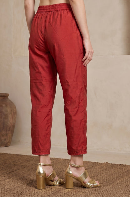 Maroon Solid Zari Chanderi Straight Fit Ankle Length Pants