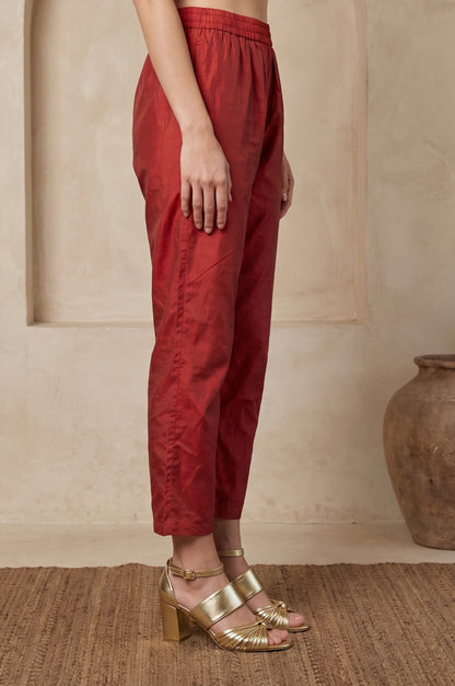 Maroon Solid Zari Chanderi Straight Fit Ankle Length Pants