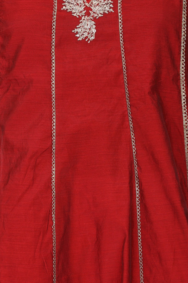 Red Zari Embroidered Chanderi A-line Kurta
