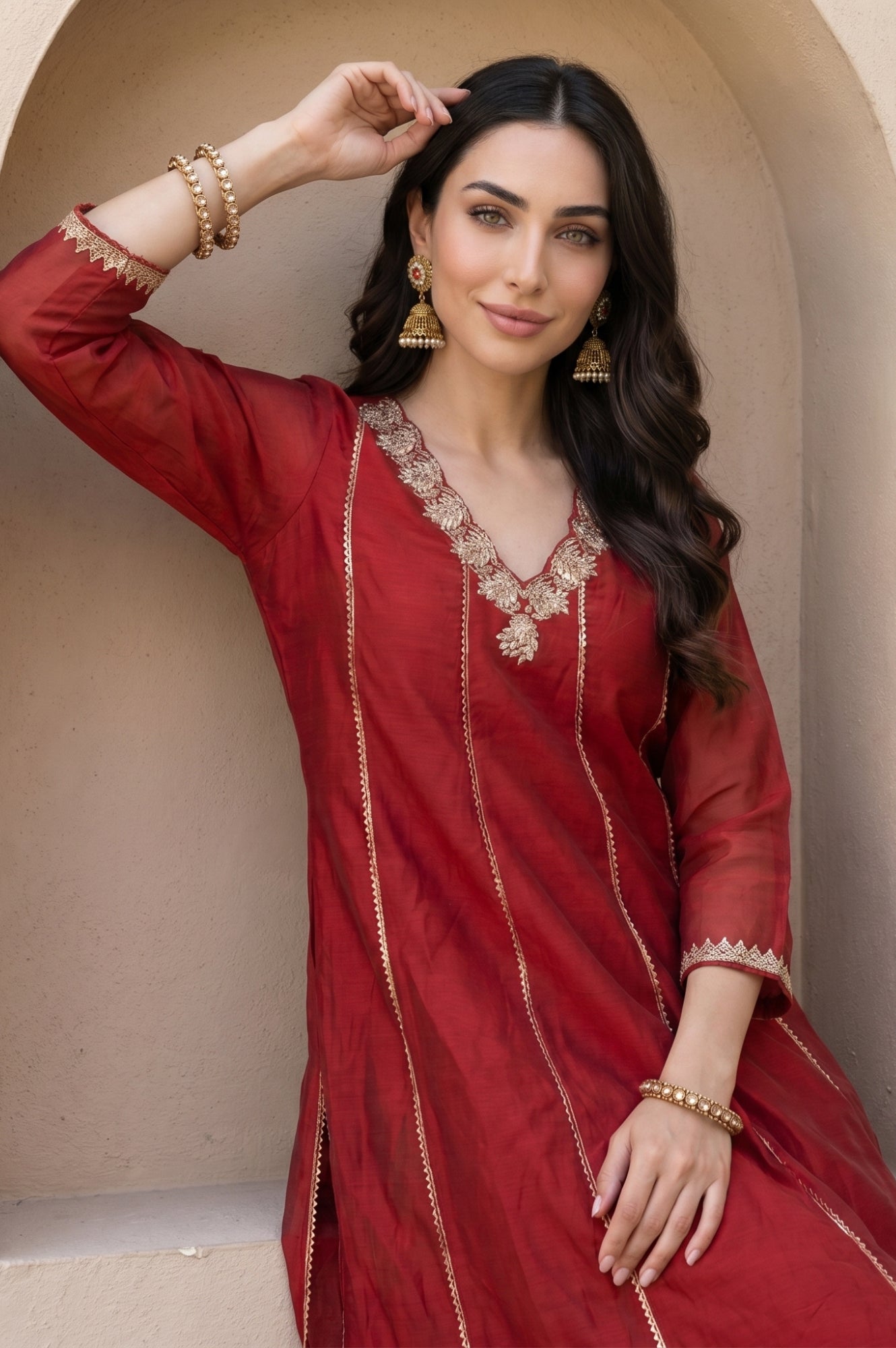 Red Zari Embroidered Chanderi A-line Kurta