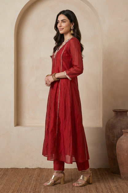 Red Zari Embroidered Chanderi A-line Kurta