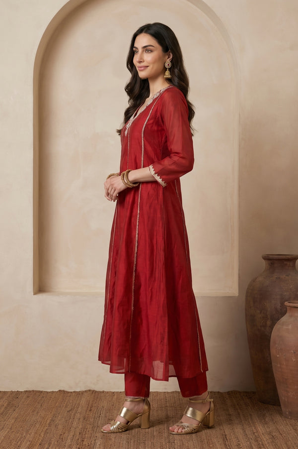 Red Zari Embroidered Chanderi A-line Kurta