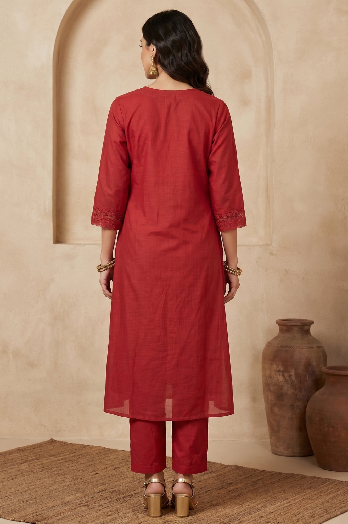 Red Zari Embroidered Chanderi A-line Kurta