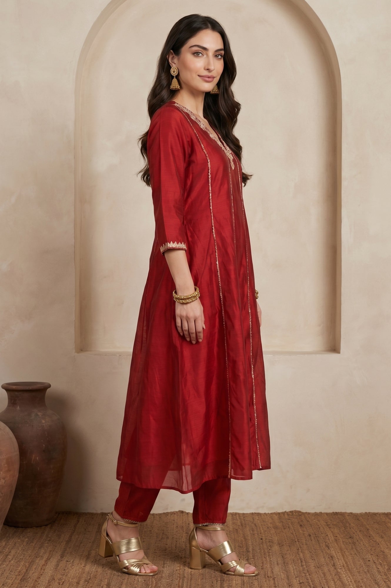 Red Zari Embroidered Chanderi A-line Kurta