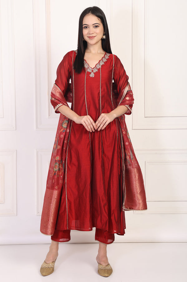Maroon Embroidered Anarkali Art Silk Kurta with Straight Pant and Dupatta Set