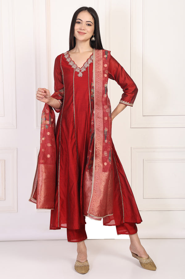 Maroon Embroidered Anarkali Art Silk Kurta with Straight Pant and Dupatta Set