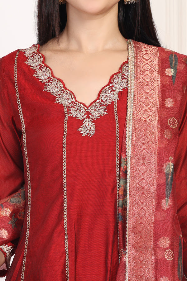 Maroon Embroidered Anarkali Art Silk Kurta with Straight Pant and Dupatta Set