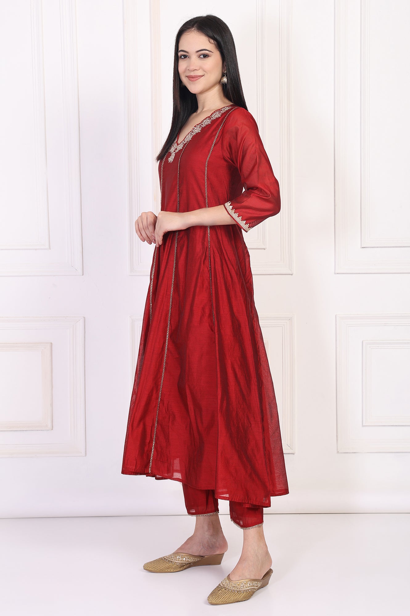 Maroon Embroidered Anarkali Art Silk Kurta with Straight Pant and Dupatta Set
