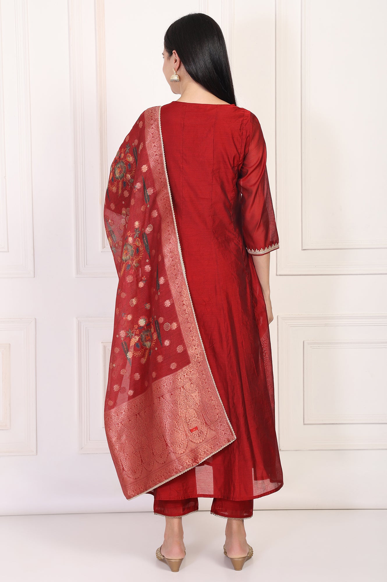 Maroon Embroidered Anarkali Art Silk Kurta with Straight Pant and Dupatta Set