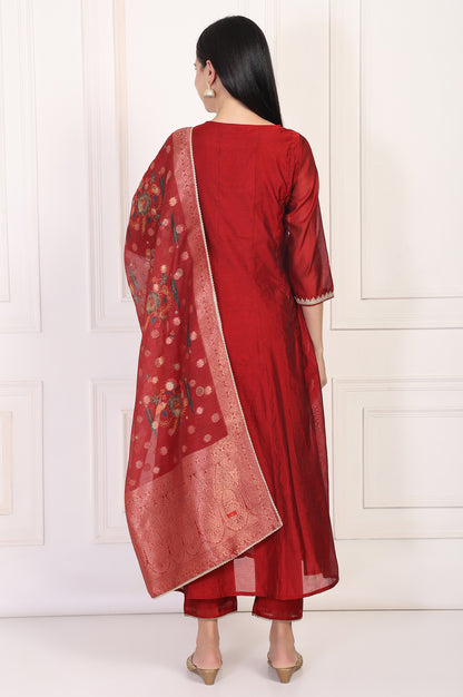 Maroon Embroidered Anarkali Art Silk Kurta with Straight Pant and Dupatta Set