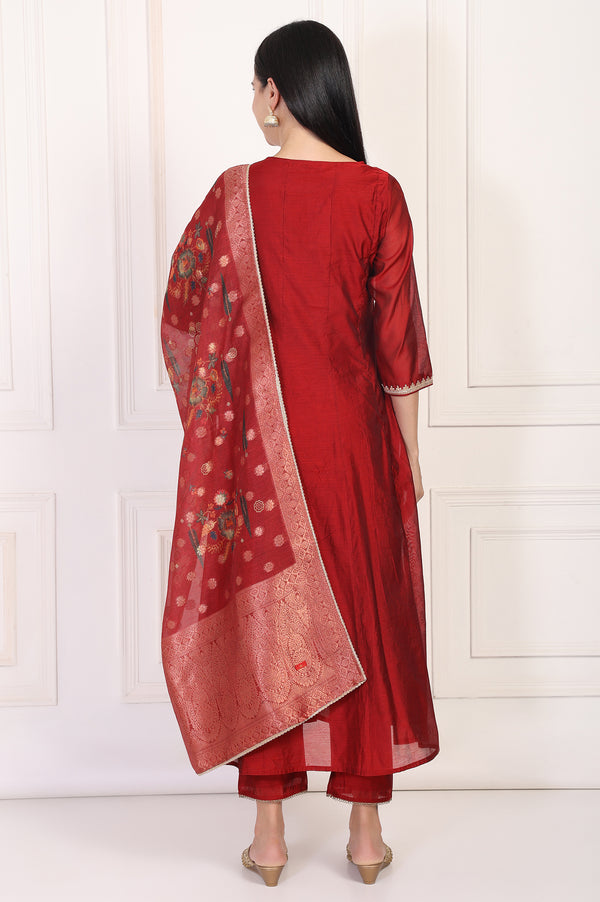 Maroon Embroidered Anarkali Art Silk Kurta with Straight Pant and Dupatta Set