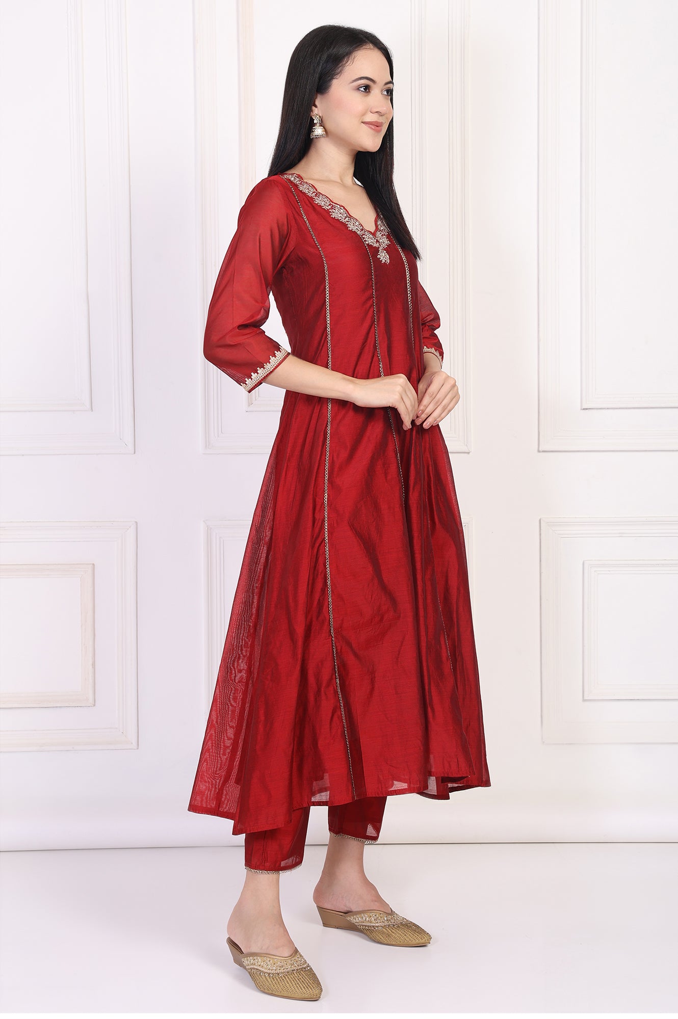 Maroon Embroidered Anarkali Art Silk Kurta with Straight Pant and Dupatta Set