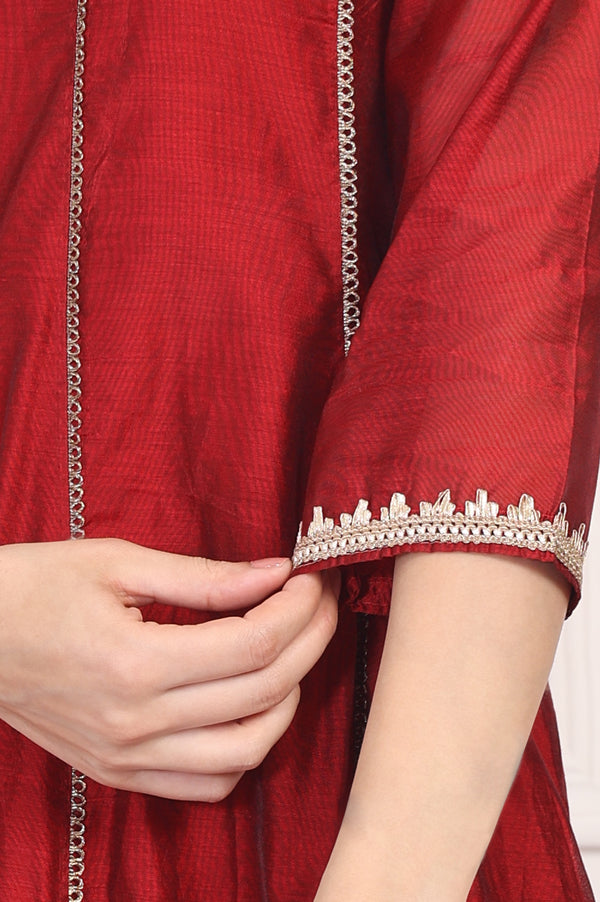 Maroon Embroidered Anarkali Art Silk Kurta with Straight Pant and Dupatta Set