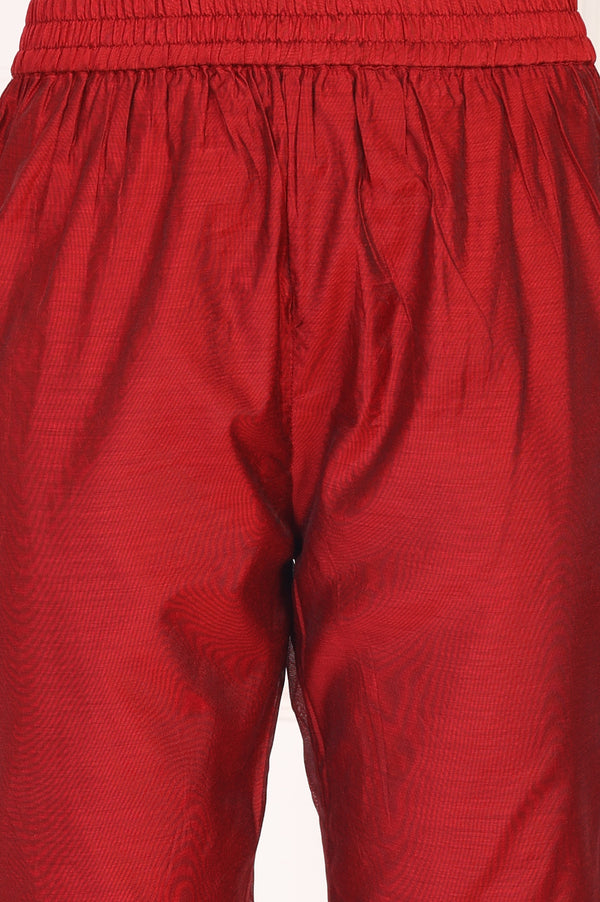 Maroon Embroidered Anarkali Art Silk Kurta with Straight Pant and Dupatta Set